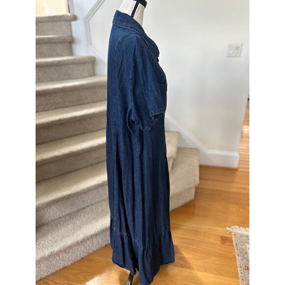 Denim Button Front Shirt Dress Flutter Hem Short Sleeve Maxi Dress Western Boho - Picture 6 of 8